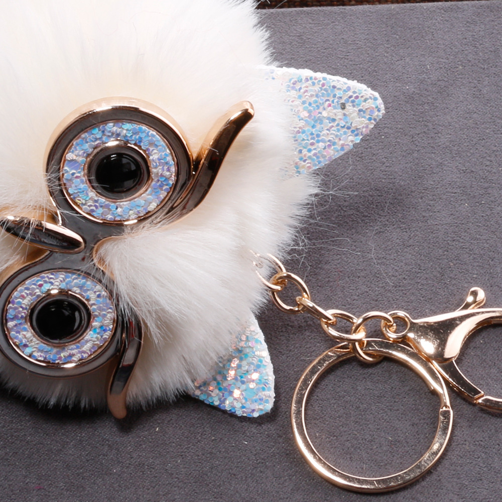 New large-eyed owl fur ball keychain pendant, imitation rex rabbit fur women's luggage and car hanging decoration wholesale Specification image