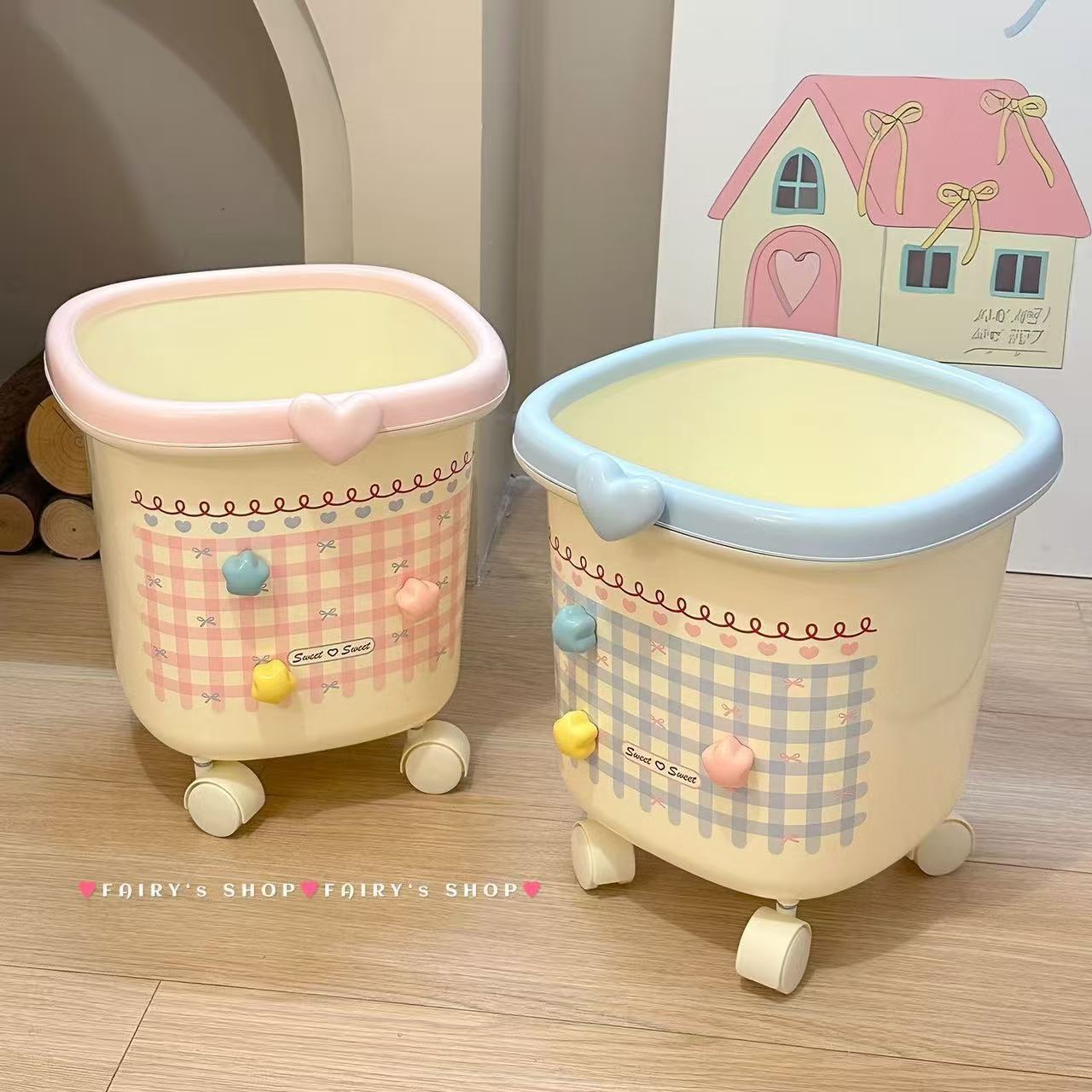 Sweetheart girl trash can with wheels, high appearance level, household wastebasket, large capacity, movable, girl ins style