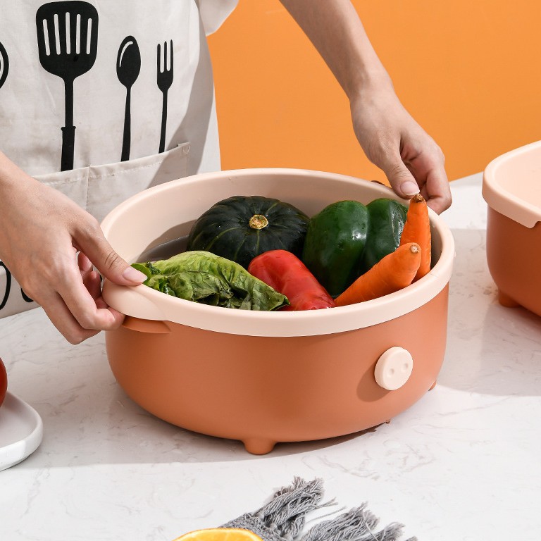 Creative round and square cute little pig double-layer draining basket, plastic vegetable washing basket, vegetable washing basin, kitchen storage fruit basket