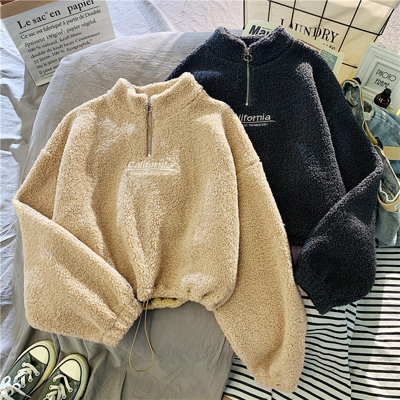 Semi-high collar, thickened with fleece, lambskin fluffy short hoodie for girls, Korean style student autumn and winter warm coat delivery service Specification drawing