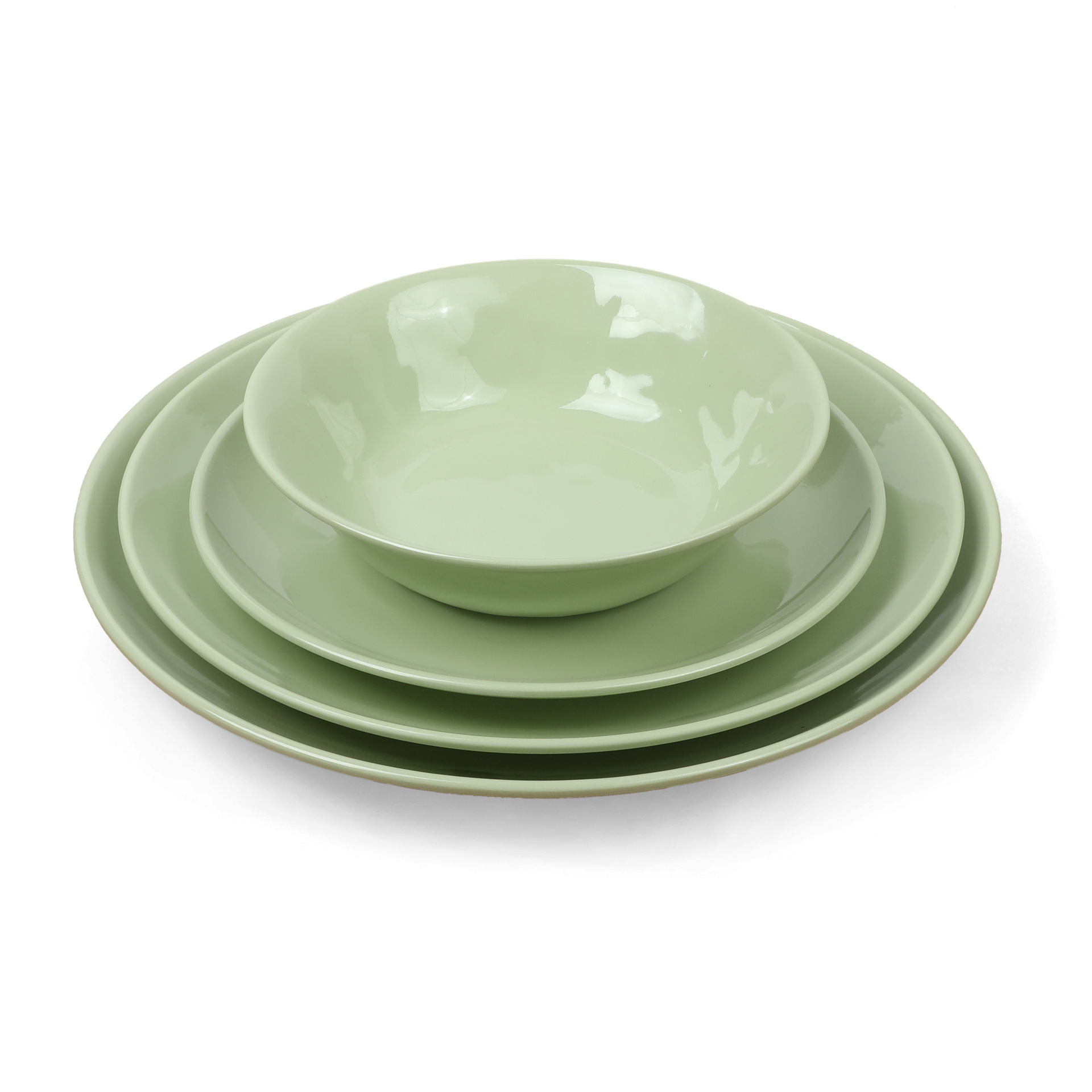Wholesale of green round plates, melamine imitation porcelain flat plates, restaurant plates, commercial deep plates, round plates and stir-frying plates full figure