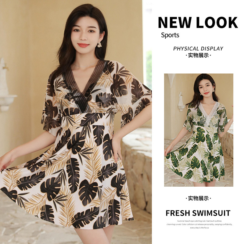 One-piece swimsuit for women, large size for weight gain, conservative 180 pounds, concealing fat and looking slimmer. Hot spring vacation swimsuit for middle-aged and elderly mothers -1012350