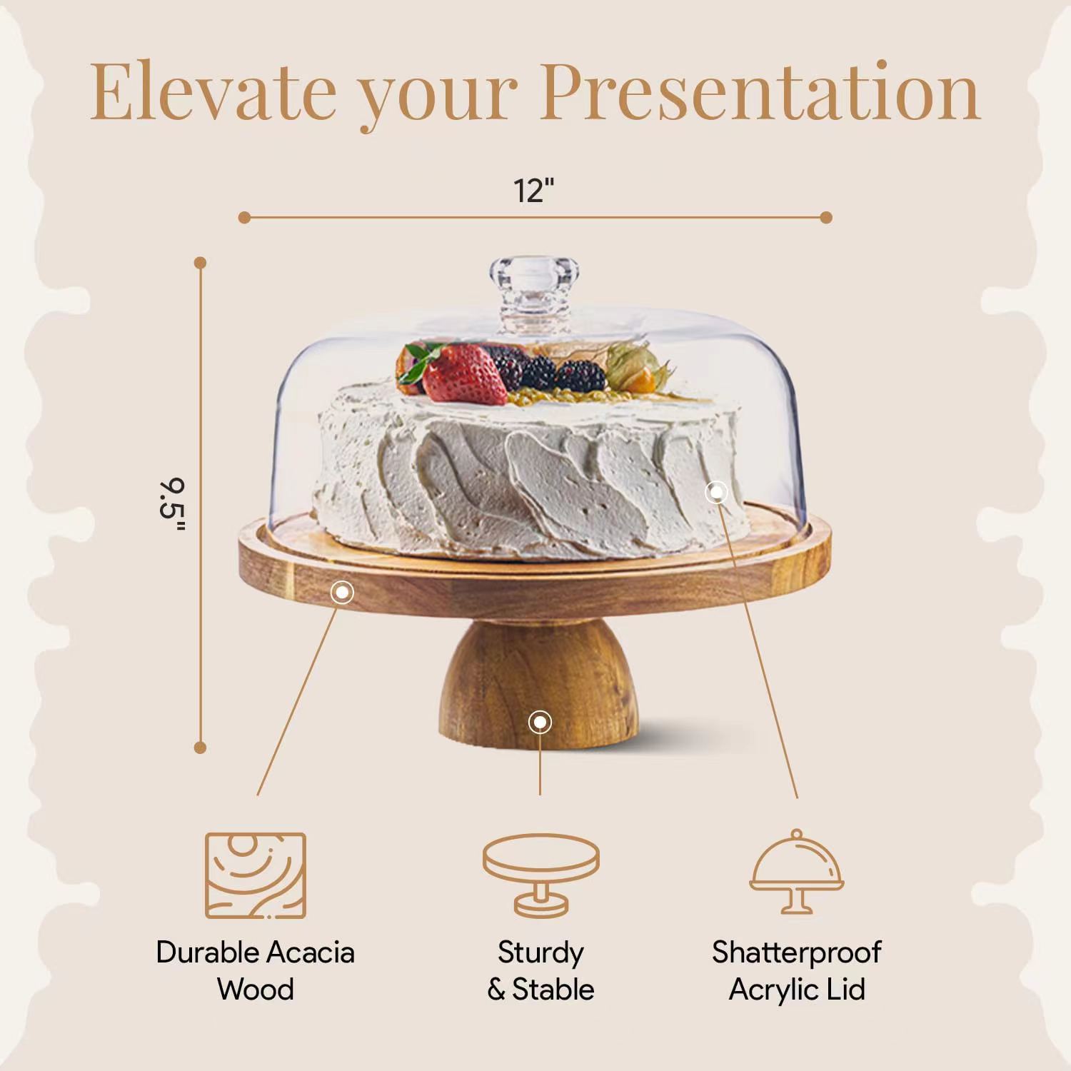 High-legged cake plate, wooden tabletop, dessert cake display stand, round pastry cheese plate, party decoration fruit plate
