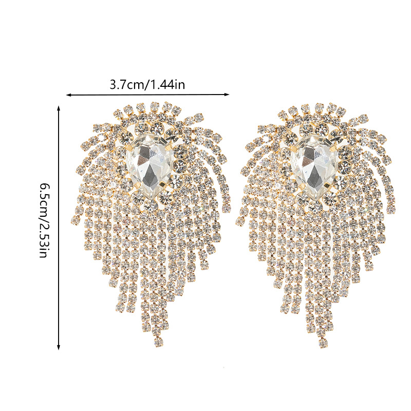 Cross-border fashion full-diamond catwalk dress accessories, rhinestone earrings, and popular European and American claw chain tassel earrings Specification drawing