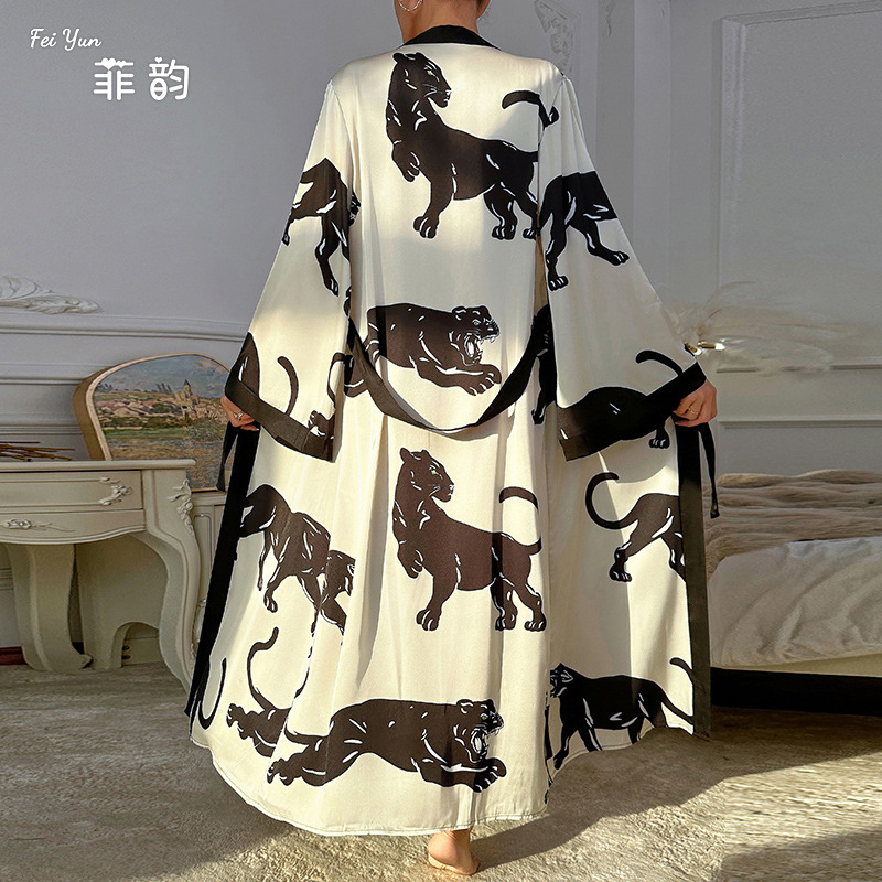 European and American Amazon cross-border women's long satin printed bathrobes, bathrobes, long-sleeved lace-up sexy home wear 838 details Picture