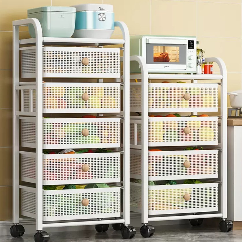 The kitchen storage rack is floor-standing with multiple layers for placing vegetables and fruits. The crevice storage cabinet is movable and features a drawer-type vegetable basket