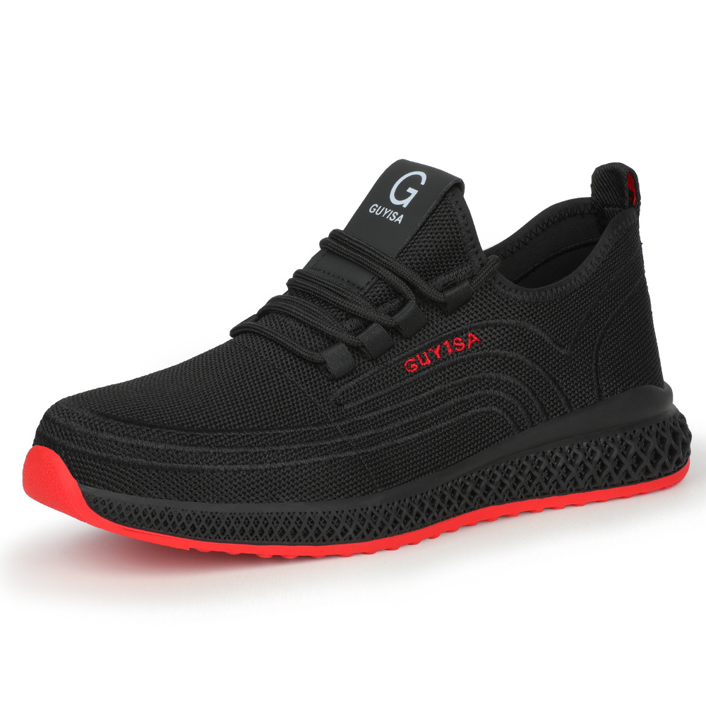 GUYISA zapato de seguridad antiestático negro de malla superior con suela roja y punta de acero estándar europeo forrado en kevlar Item Picture