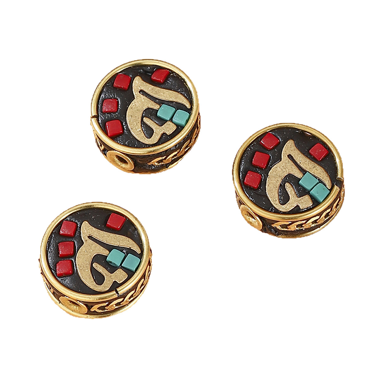Tibetan retro six-character mantra back cloud bead DIY bracelet accessory, brass inlaid with red and green Nepalese beads Item Picture