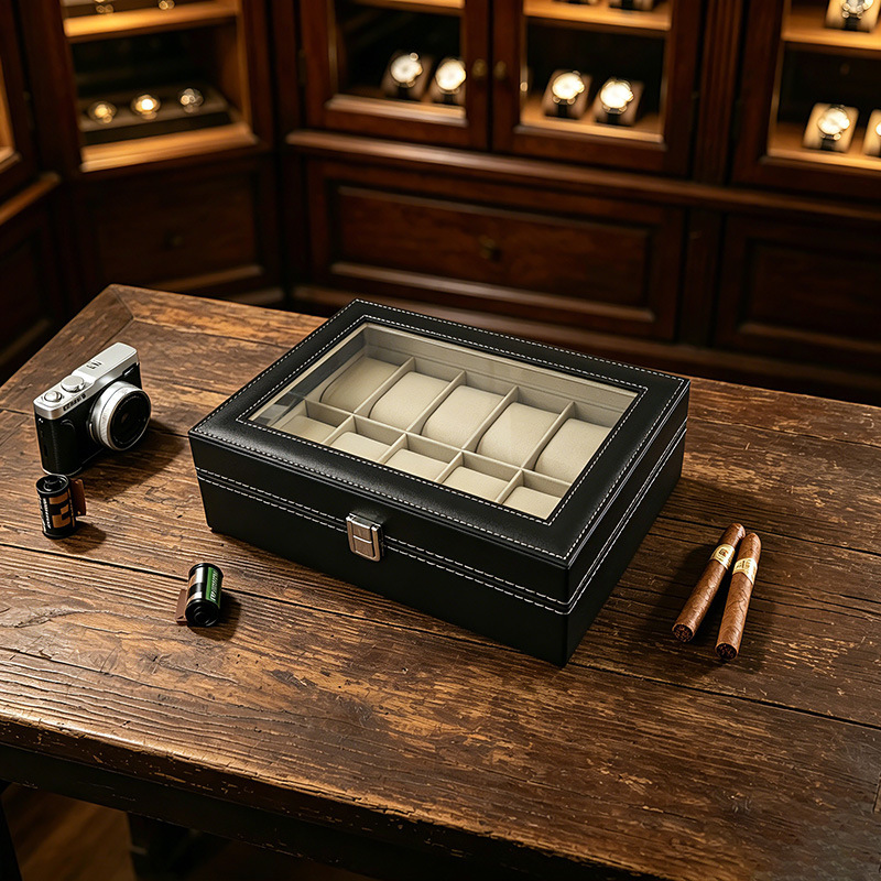 Cross-border watch box, jewelry packaging box, transparent window storage box, display box, 12-position watch box, leather wristwatch box details Picture