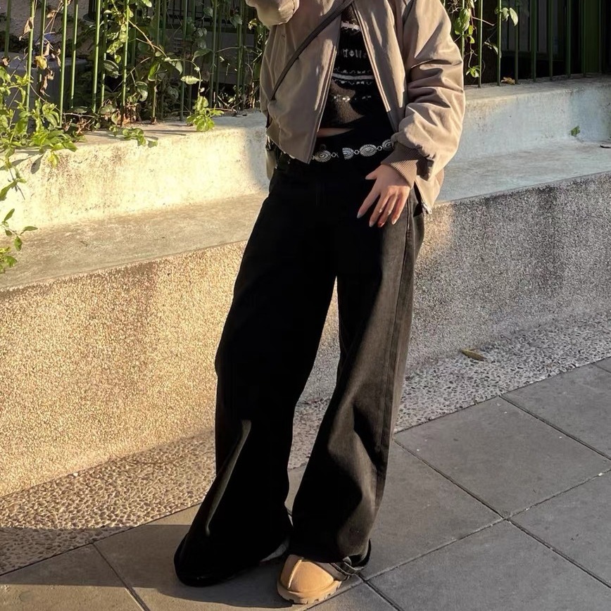 New simple and casual style, versatile wide-waist, slimming black loose wide-leg jeans for women 3048