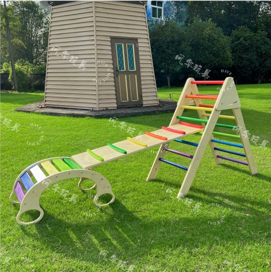 早教益智儿童木制多功能彩虹摇摇椅平衡板攀爬架互动玩具幼儿园