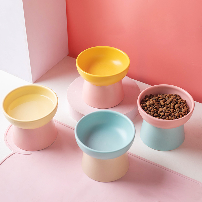 Wholesale of color-blocking ceramic cat bowls with high legs to protect the cervical vertebrae, cat food bowls, cat and dog basins, drinking bowls, and pet snack bowls