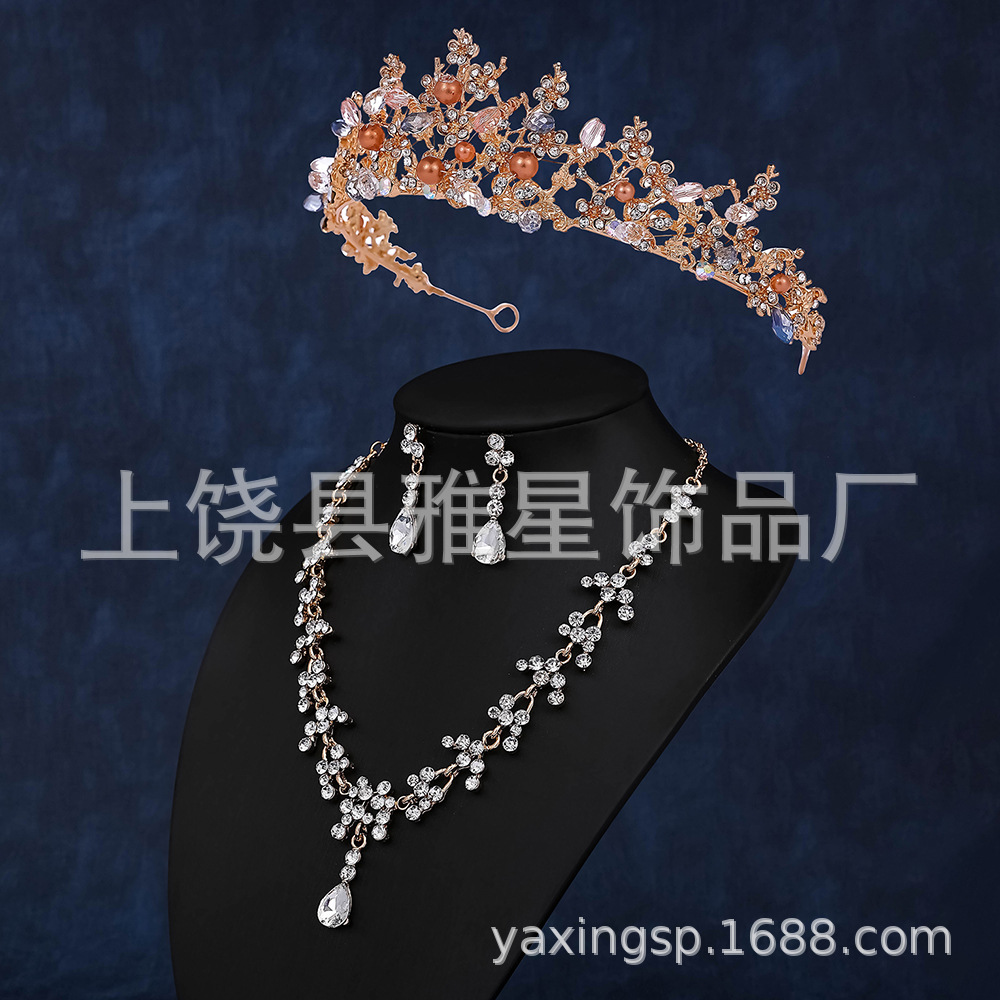 Woven crystal diamond princess headwear, luxurious princess goddess hair accessory, hair crown, necklace, earrings, queen's crown set details Picture