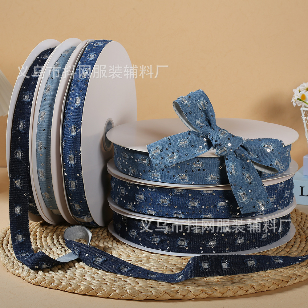 复古单面珠片仿牛仔布带 diy蝴蝶结织带头饰礼盒包装服装辅料批发