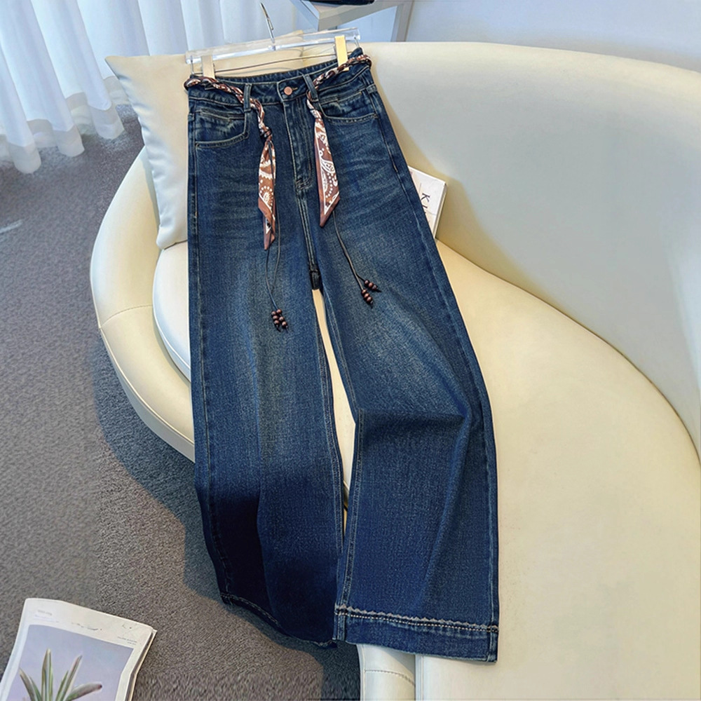 复古蓝加绒阔腿牛仔裤女春秋款2026新款复古宽松垂感小个子直筒裤