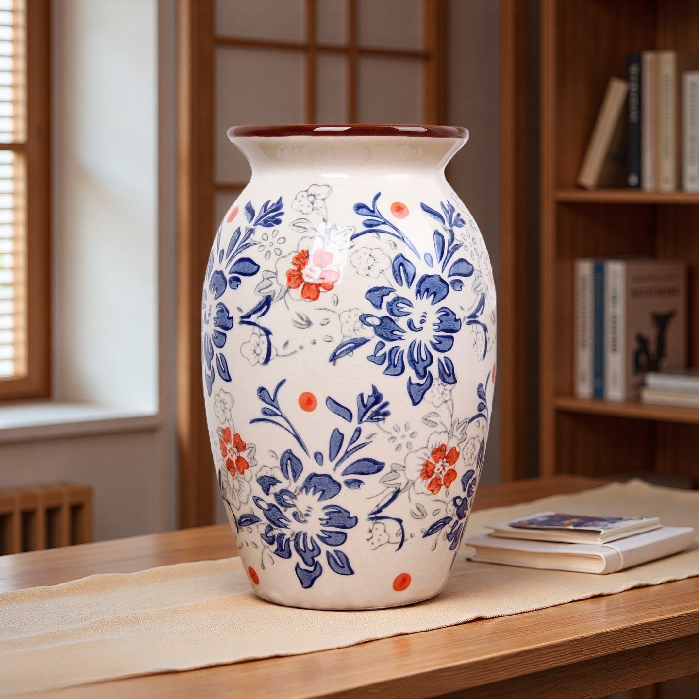 The blue and white porcelain hand-painted new Chinese-style retro peony flower ceramic vase has a high aesthetic level. It is a fresh flower arrangement for the living room entrance. The blue and white porcelain vase embellishes the elegant room. The flower shadows in front of the window, the fragrance of books accompanies the tranquility Application Scenario