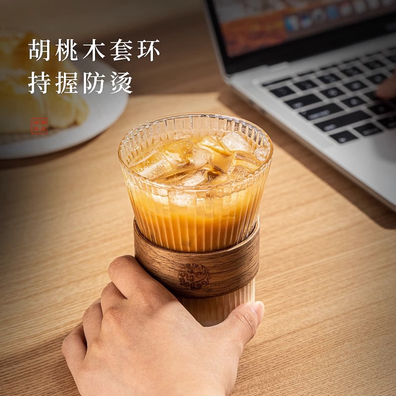 Japanese vertical patterned glass cups, high appearance level, summer cups, ear-hanging coffee cups, household heat-insulating water cups, gifts, summer cooling cups Specification image