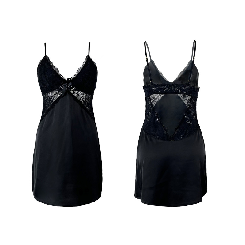 Feiyun Lady's deep V seductive short skirt with a cut-out back, sexy lace and satin strappy nightgown 519 Item Picture
