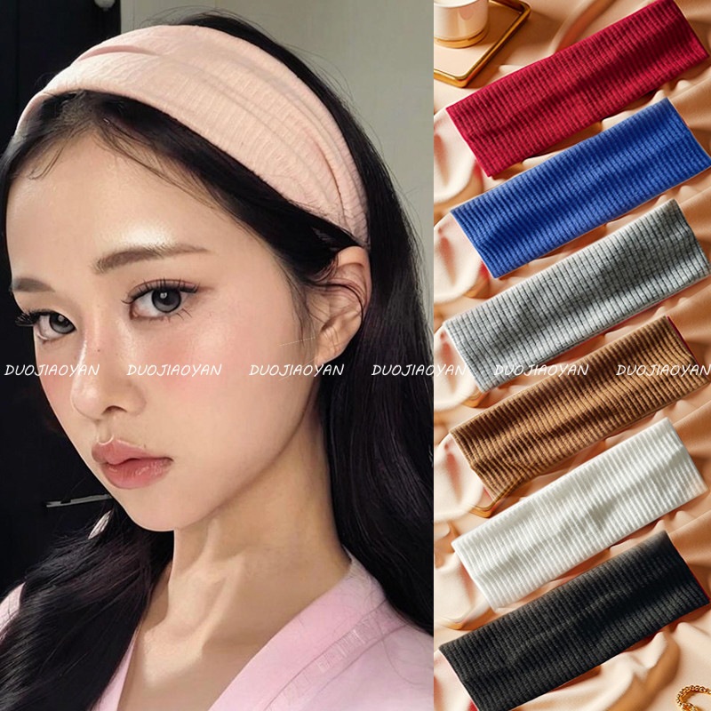 A new Korean-style solid-color, simple knitted sporty hairband with elastic edges, a popular online headwear, and a casual, versatile headscarf full figure