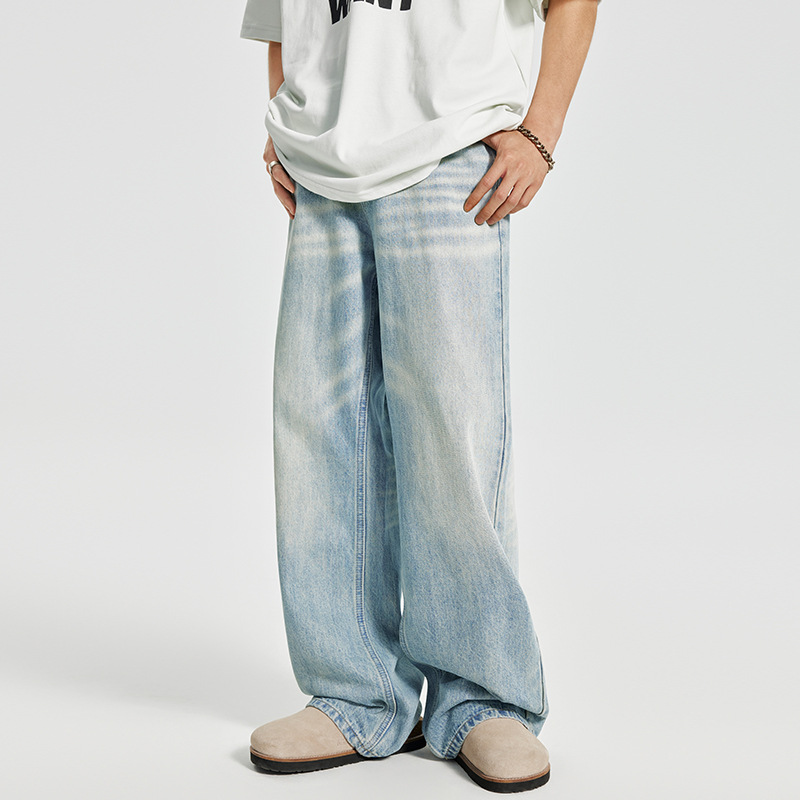 OTTB retro gradient jeans for men, American teenagers, contrasting color washed blue loose straight-leg denim men's trousers