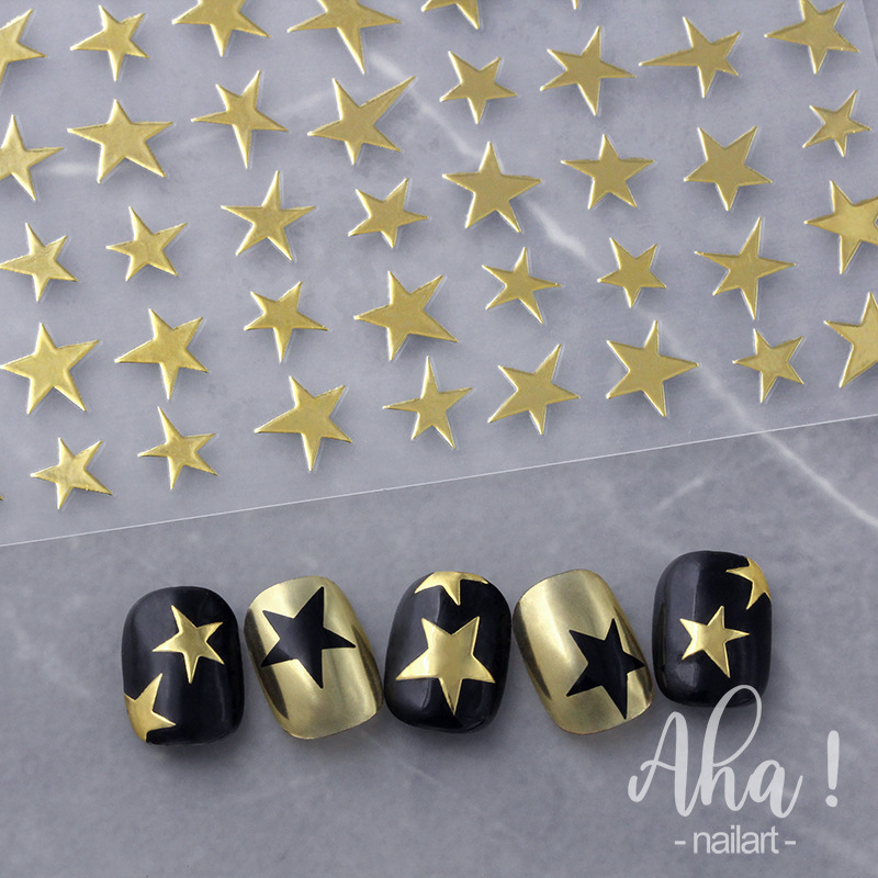 Wholesale of popular sweet and cool nail accessories, including gold and silver starlight, black and white, and colorful five-pointed star 3D self-adhesive nail stickers Specification image
