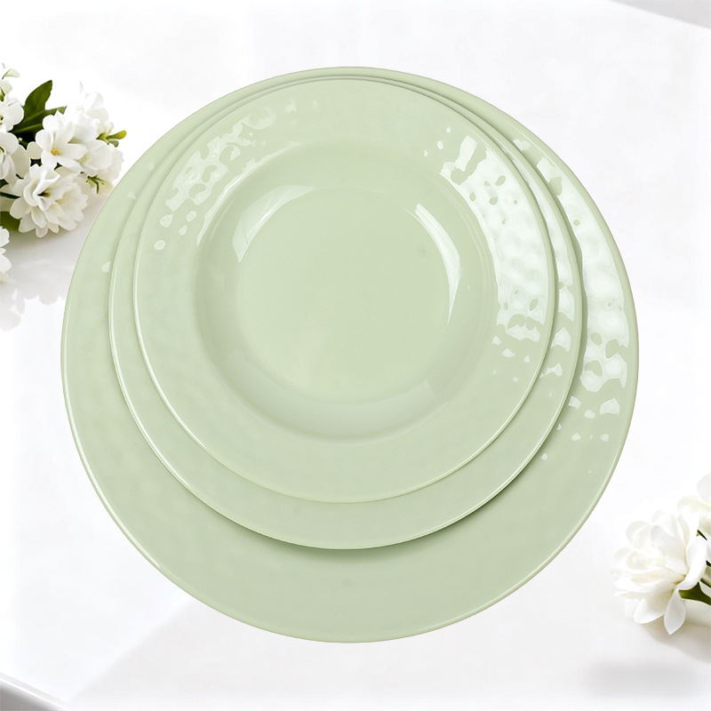 Hotel light green imitation porcelain shallow plates, Western steak plates, seafood plates, and custom-made multi-sized logo melamine tableware plates for restaurants Specification drawing
