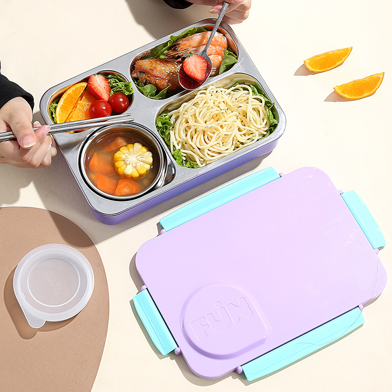 Large-capacity four-compartment stainless steel lunch box, Japanese-style non-cross-flavor compartmentalized student and office worker sealed lunch box with rice details Picture