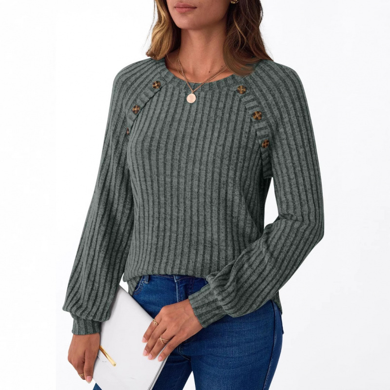 12-color in-stock 2025 winter new cross-border Amazon women's round-neck button striped hoodie base layer details Picture