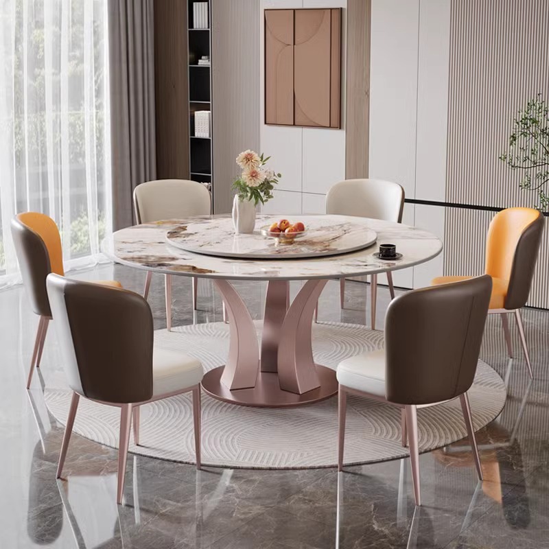 Star Factory wholesals light luxury glossy rock plate dining table sets for modern and simple small-sized household use. Round N-shaped dining table with turntable, high-end hotel dining