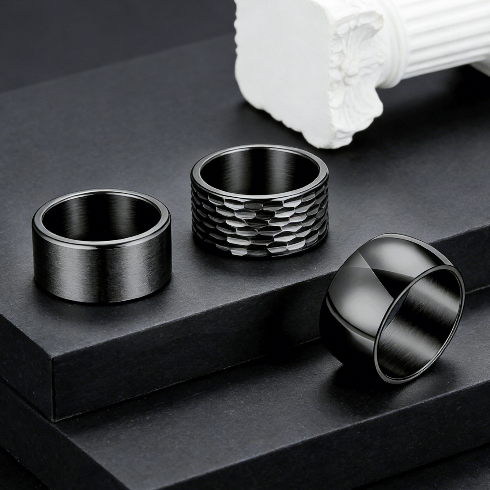Amazon europa y Estados Unidos clásico accesorios hombres tres piezas conjunto de 12MM de ancho 304 acero inoxidable gran anillo anillo de tatuaje martillo