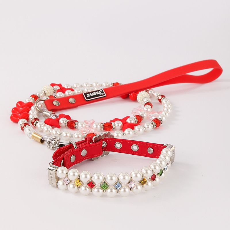 Pet square colored zircon collar leash set, steel wire rope bead string leash, small cat and dog imitation pearl Specification image