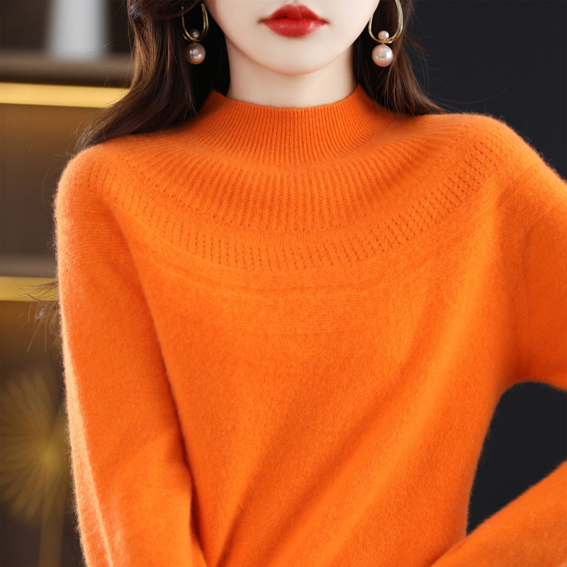 New autumn and winter collection of 100 cashmere sweaters, women's semi-high neck one-piece ready-to-wear pullover knitted long-sleeved cashmere sweater base layer Application Scenario