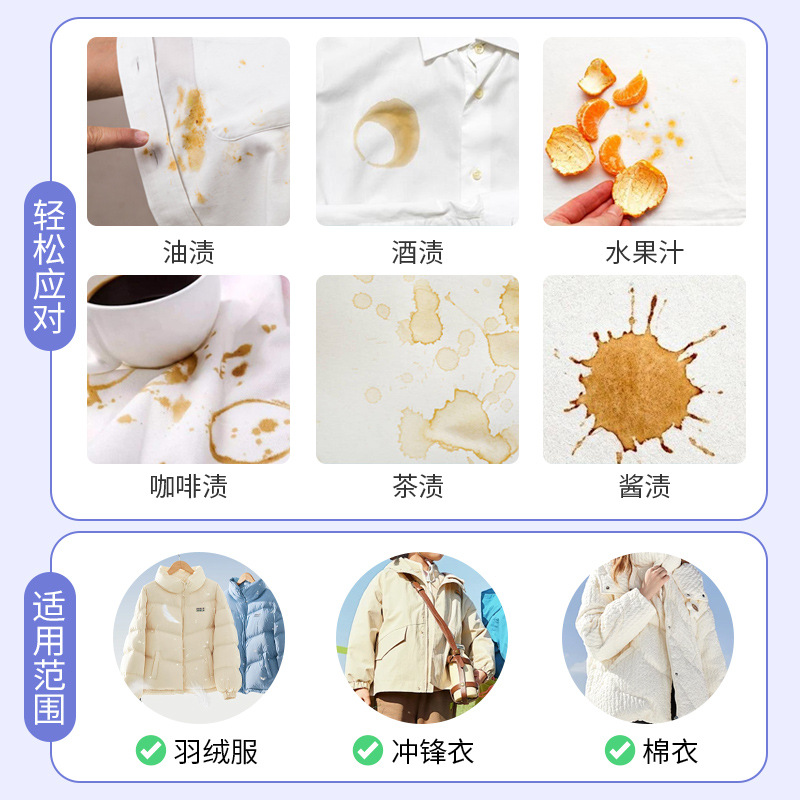 Clothes stain removal wet wipes, down jacket wet wipes, portable emergency no-wash stain removal, no-wash white shoes, down jacket wet wipes Application Scenario