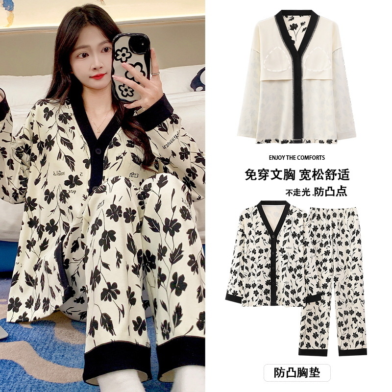 Women's Spring/Autumn 2024 new high-end ink-wash painting kimono cardigan long-sleeved home wear set with chest pad pajamas details Picture