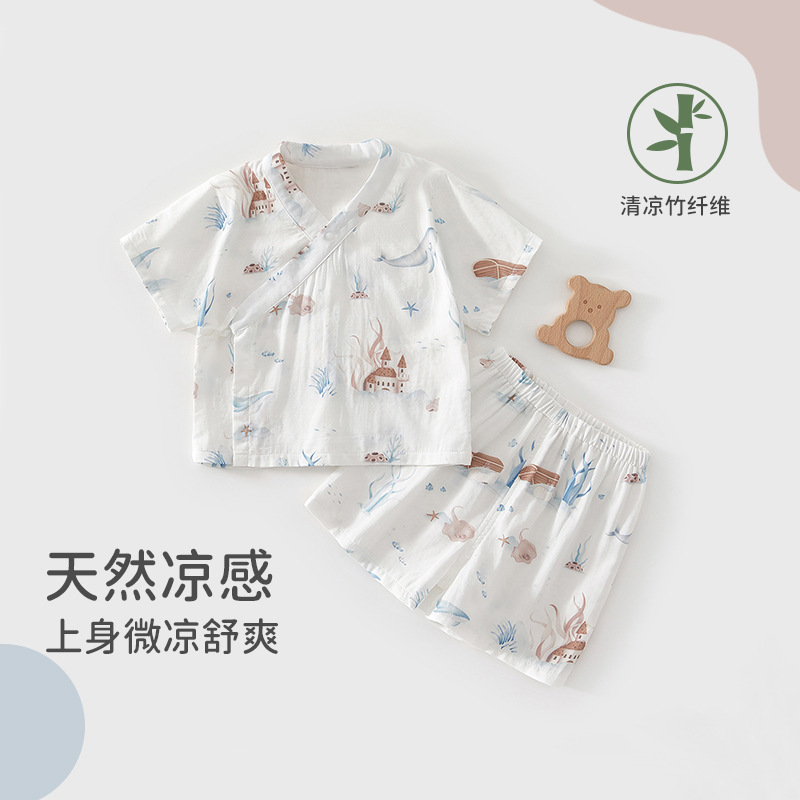 婴儿分体套装夏季纱布短袖短裤宝宝家居服短袖夏季竹棉外出套装