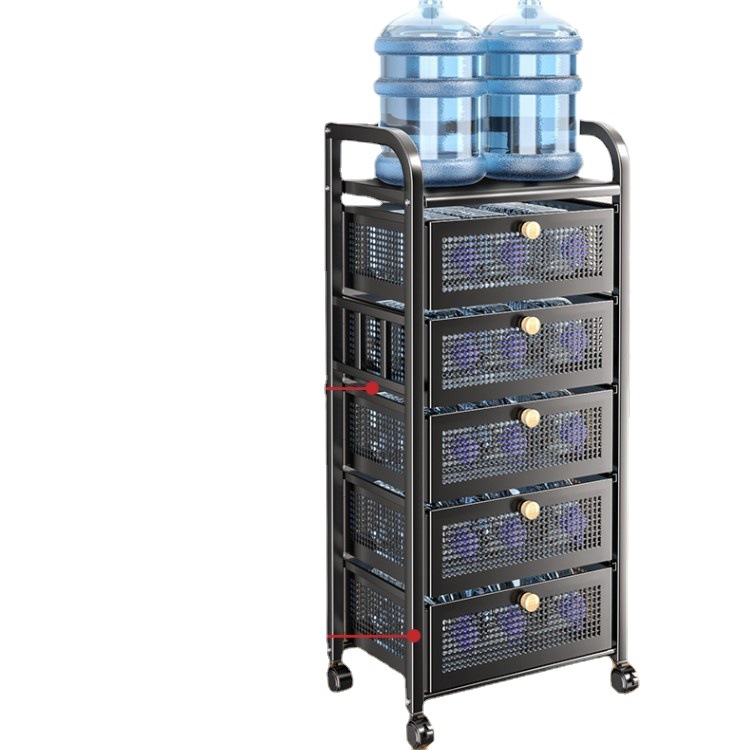 The kitchen storage rack is floor-standing with multiple layers for placing vegetables and fruits. The crevice storage cabinet is movable and features a drawer-type vegetable basket Item Picture