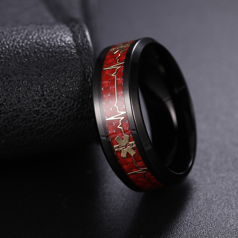 Half-price clearance: Red carbon fiber medical logo titanium steel ring, new Life Heart jewelry for men details Picture
