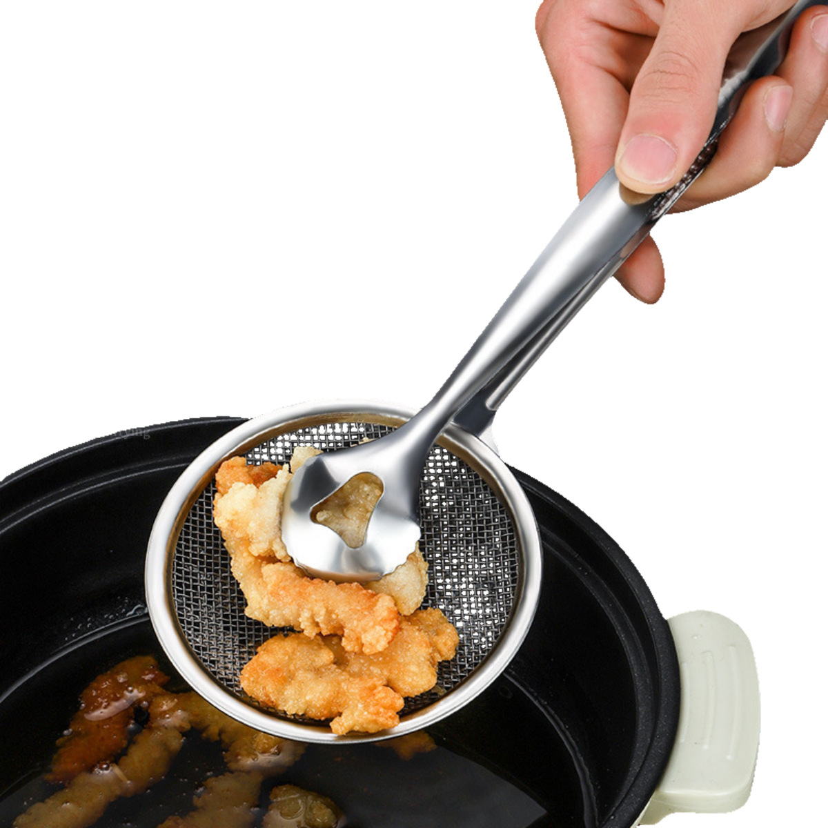 Frying heat-resistant clamp, oil filter clamp, oil scooping spoon, oil-draining food clamp, stainless steel fried food scooping tofu powder oil filter screen Application Scenario