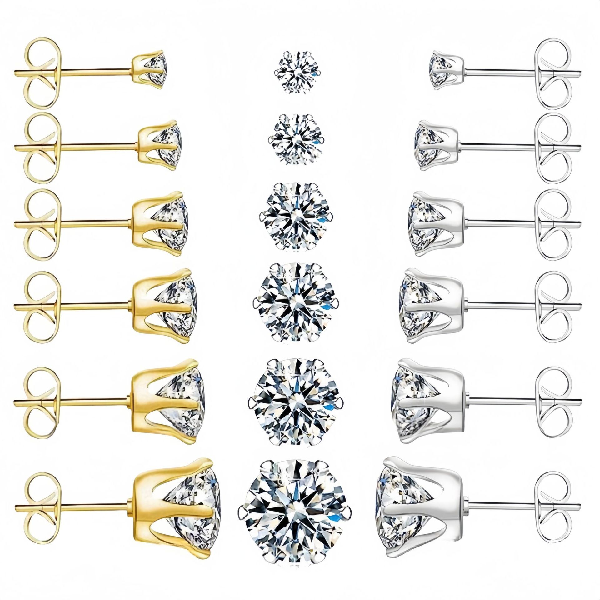 Wholesale of cross-border stainless steel six-prong ear studs, butterfly clasp, classic crown studded with diamonds, round zircon, European and American titanium steel earrings Wholesale of cross-border stainless steel six-prong ear studs, butterfly clasp, classic crown studded with diamonds, round zircon, European and American titanium steel earrings
