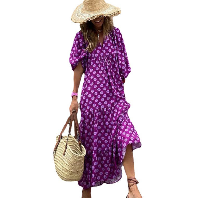 The popular geometric printed puffed-sleeve dress on the independent store in the autumn is a large-sized women's dress that is going viral on the streets Item Picture