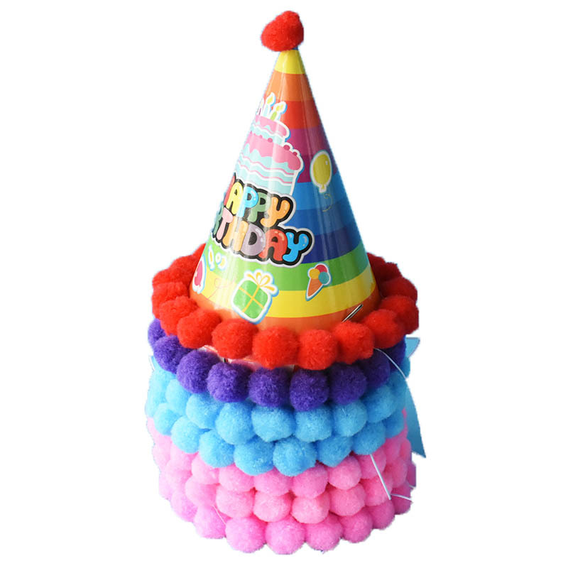 Wholesale birthday hats, children's pom-pom birthday hats, baby party cakes, decorations, baking supplies, birthday hat making Item Picture