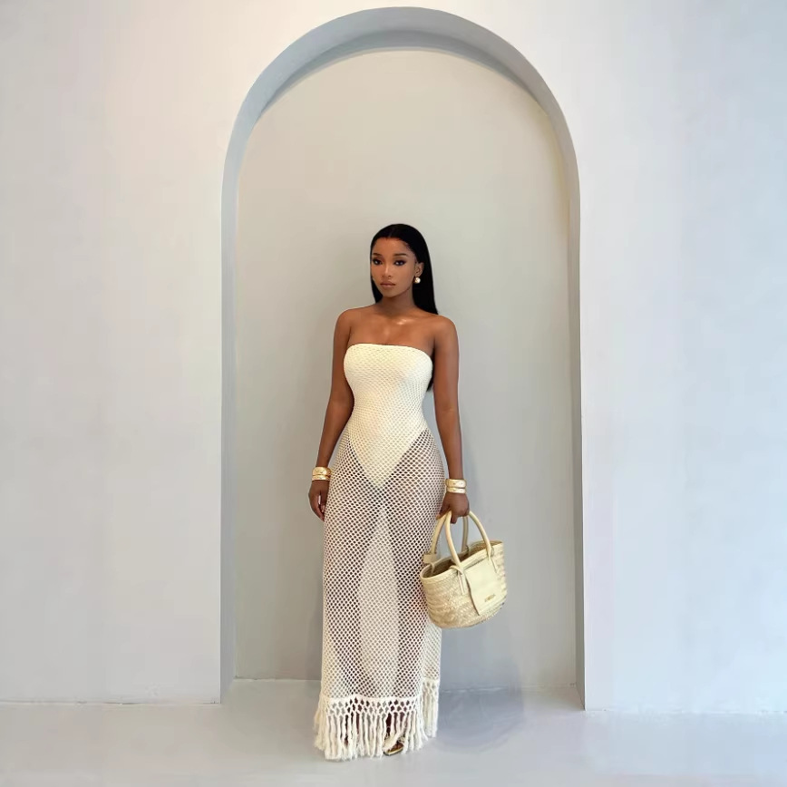 The 2026 cross-border European and American women's beach summer crocheted mesh tassel dress with a false two-piece design Application Scenario