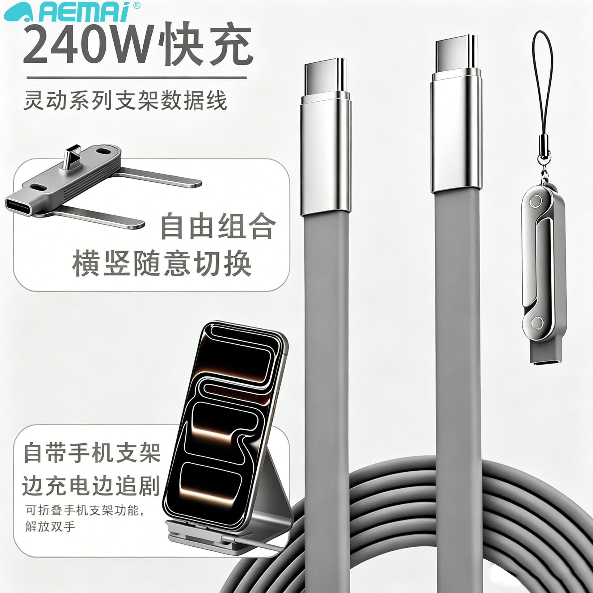 240W快充手机支架数据线带横竖屏自由切换支持苹果华为OPPO通用