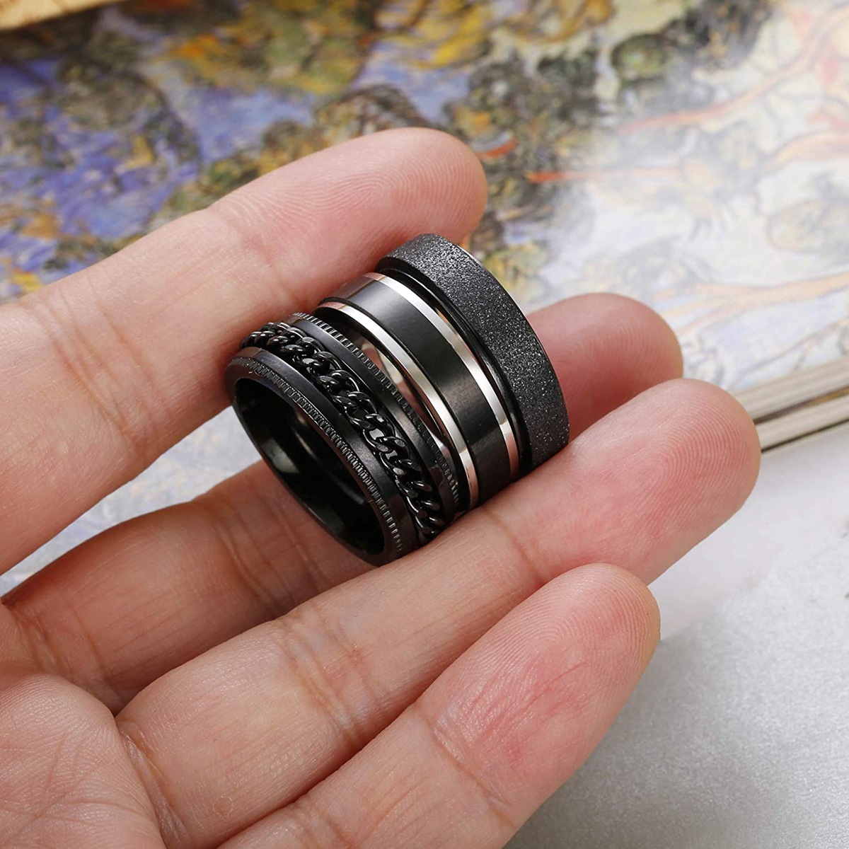 Amazon Shein's best-selling black chain rotating ring pressure-reducing titanium steel ring 6/8mm black sleeve decoration Specification image