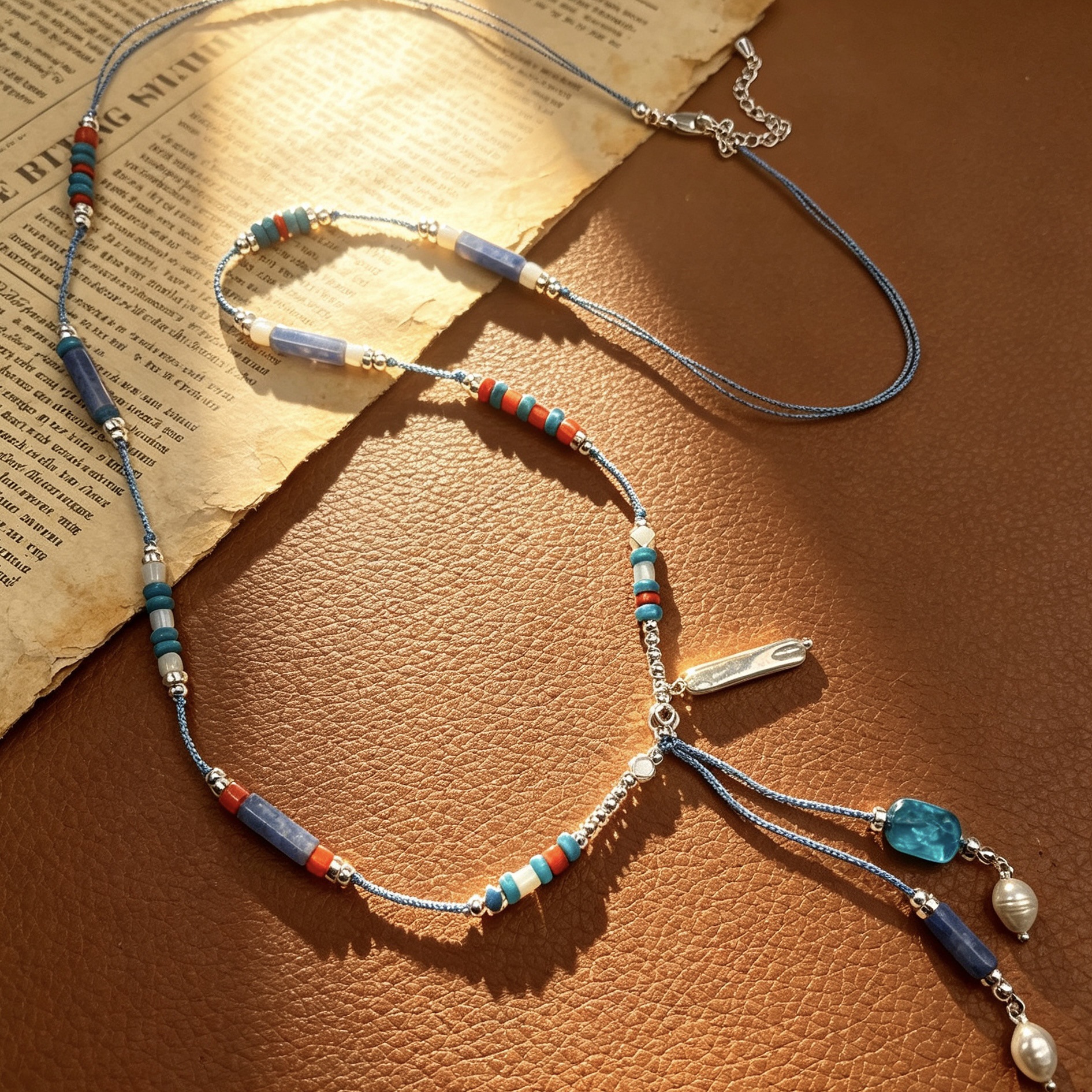 Ethnic-style colorful beaded woven necklace, retro color-blocking stone pearl tassel pendant, artistic and niche wholesale