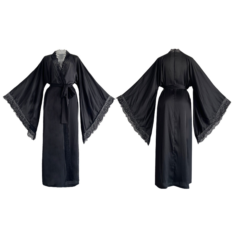 New cross-border satin long pajamas, women's lace light luxury long-sleeved cool bathrobe, bathrobe and home wear, women's 336 Item Picture