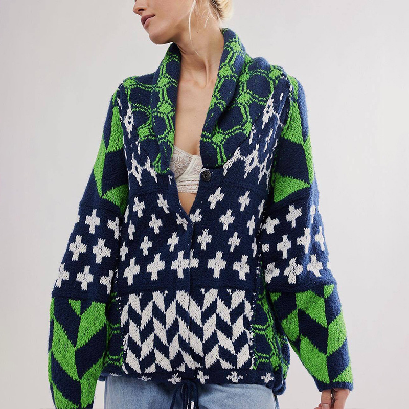 2024 Cross-border European and American Autumn/Winter new knitted sweater Y2K Abstract print lapel loose long-sleeved knitted sweater for women