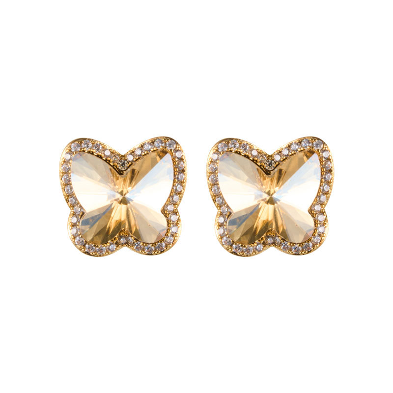 Super sparkling light luxury champagne gold butterfly stud earrings with a high-end feel, slightly studded with zirconium, factory direct supply, wholesale of best-selling earrings in stock Item Picture