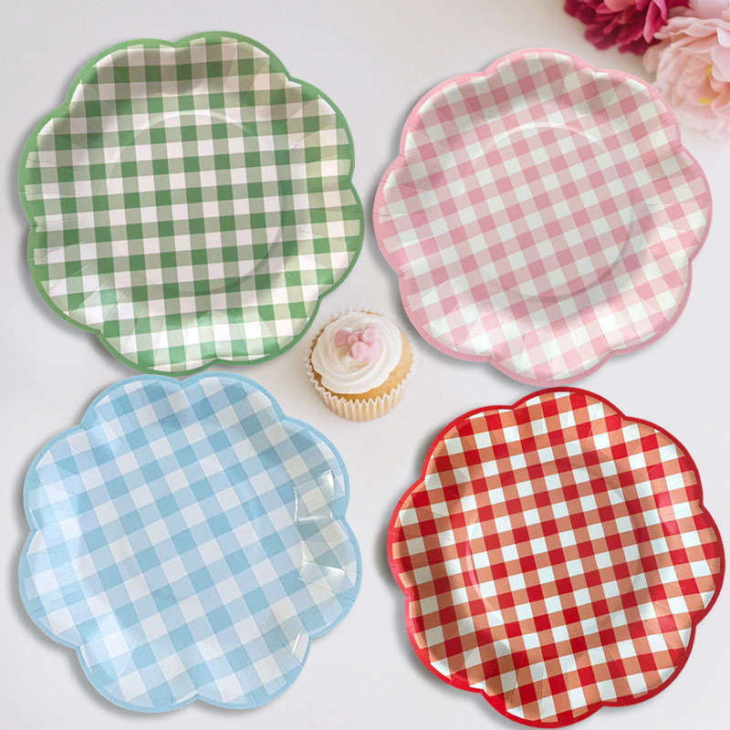 新款餐具热销花边格子一次性纸盘纸杯生日派对装饰跨境亚马逊热卖