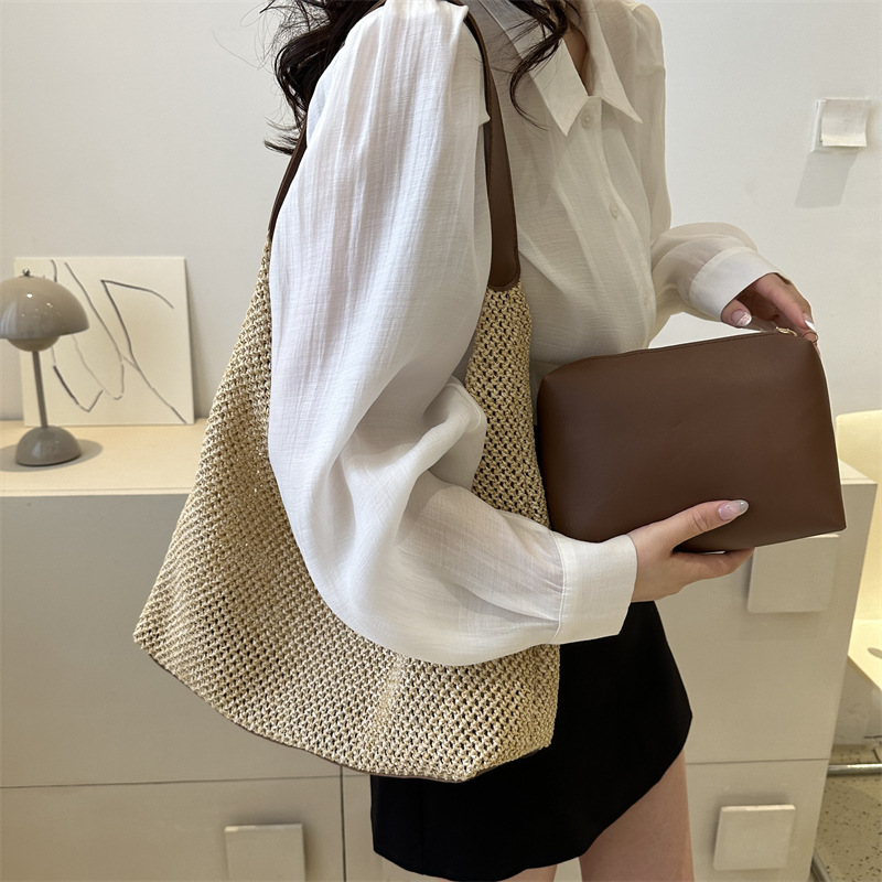 Cross-Border Straw Weaving Bag, Summer Fresh Hand-Woven Women's Bag, Artistic Straw Weaving Bag, Handbag, Simple And Fashionable Women's Shoulder Bag, Straw Weaving Bag